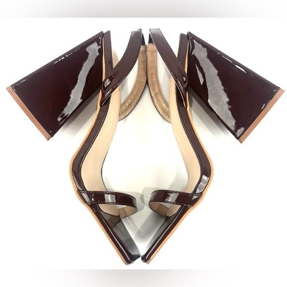 Pretty Little Thing Brown Wide Fit Pu Patent Triangle Block Heeled Sandals Sz 7 - Picture 7 of 12